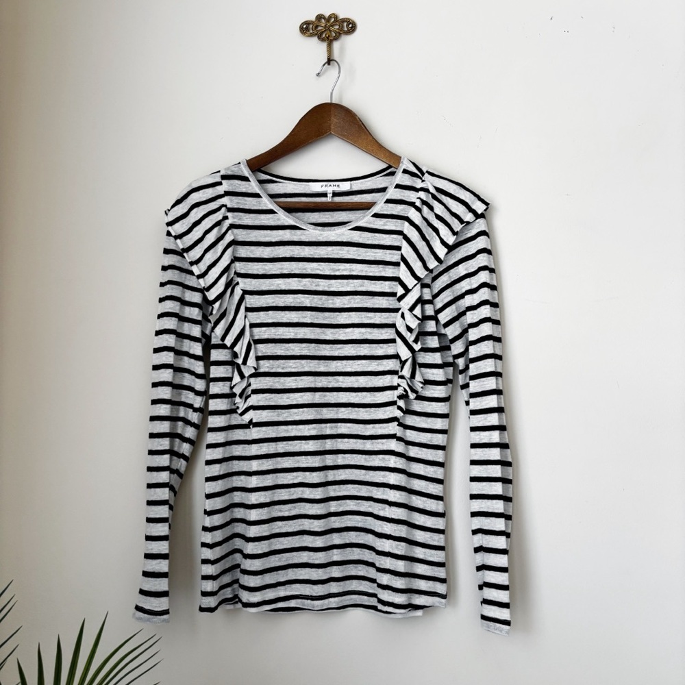 Frame Striped Ruffle Long Sleeve Linen Top Small